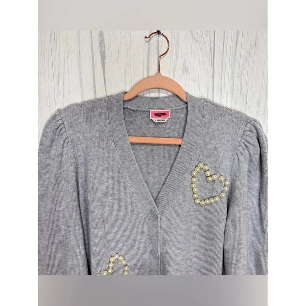 KATE SPADE NY NWOT Pearl Pave Heart Cardigan in Heather Gray, XL ($368)‎